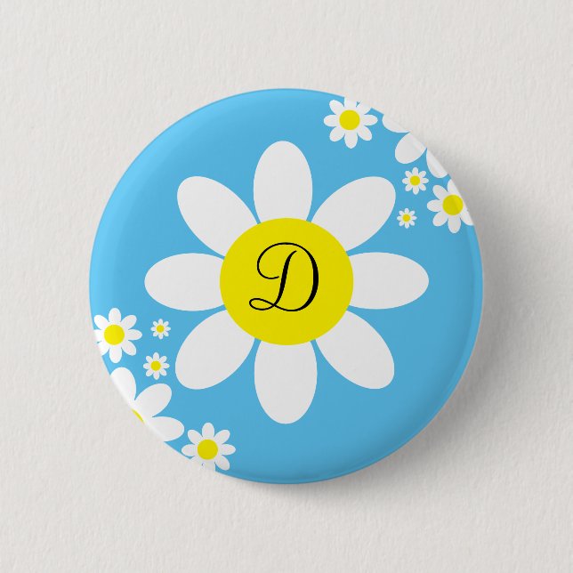 Cute Blue and White Daisy Single Initial Button (Front)