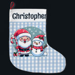 Cute Blue And White Gingham Santa And Snowman  Large Christmas Stocking<br><div class="desc">Cute classic blue and white gingham Christmas stocking. In a white band at the top of the stocking is a template in black text on the front to add a name and a template on the back to add your Christmas message. On the front is a cute whimsical Christmas illustration...</div>