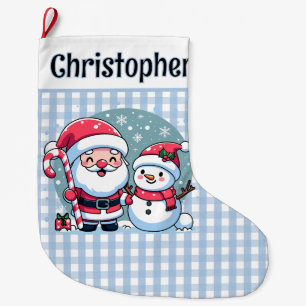 Cute Blue And White Gingham Santa And Snowman  Large Christmas Stocking