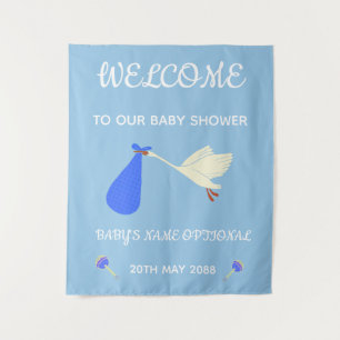 Cute Blue And White Text Stork And Rattles Tapestry