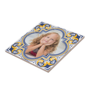 Cute blue and yellow Azulejos, custom photo Tile