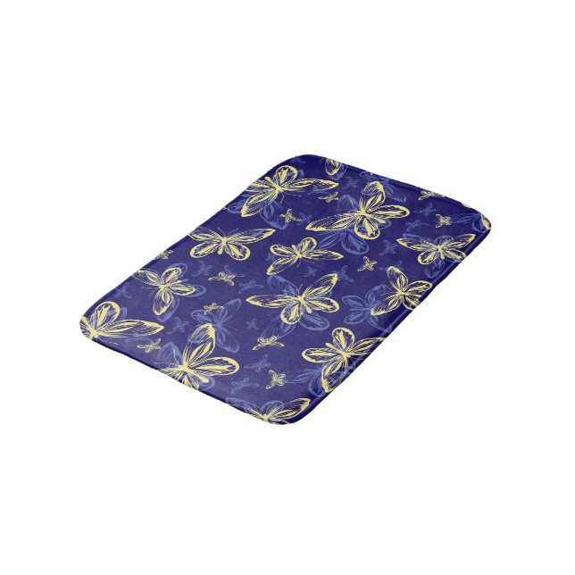 Cute Blue and Yellow Butterfly Illustrated Pattern Bath Mat (Angled)