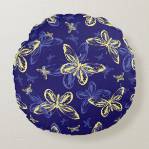 Cute Blue and Yellow Butterfly Illustrated Pattern Round Pillow