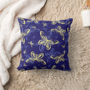 Cute Blue and Yellow Butterfly Illustrated Pattern Throw Pillow