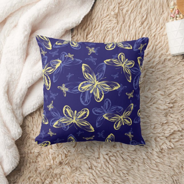 Cute Blue and Yellow Butterfly Illustrated Pattern Throw Pillow (Blanket)