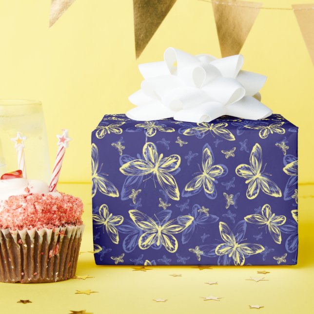 Cute Blue and Yellow Butterfly Illustrated Pattern Wrapping Paper (Birthday Party)