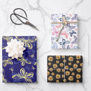 Cute Blue and Yellow Butterfly Illustrated Pattern Wrapping Paper Sheet