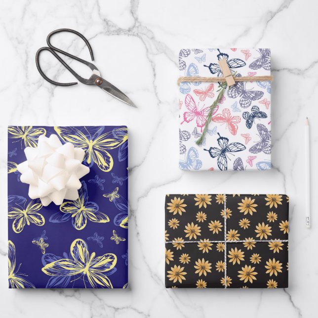 Cute Blue and Yellow Butterfly Illustrated Pattern Wrapping Paper Sheet (Front)