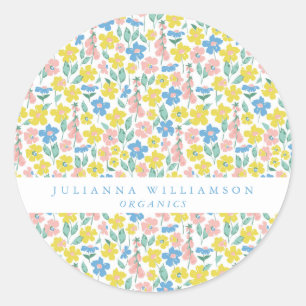 Cute Blue and Yellow Ditsy Floral Modern  Classic Round Sticker