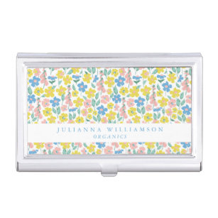 Cute Blue and Yellow Ditsy Floral Modern Custom Business Card Holder