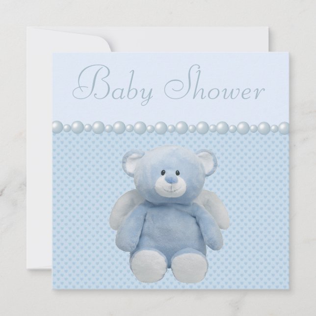 Cute Blue Angel Teddy Bear Baby Boy Shower Invitation (Front)