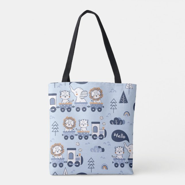 Cute Blue Animal Train Tote Bag – Adorable Safari  (Back)