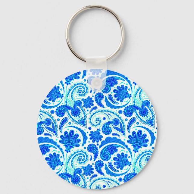 Cute blue aqua paisley patterns keychain (Front)