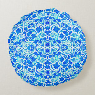 Cute blue aqua paisley patterns round pillow