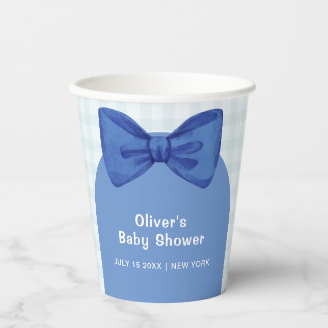 Cute Blue Arch Gingham Plaid Bow Boy Baby Shower  Paper Cups (Front)