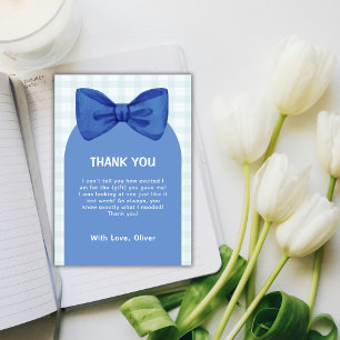 Cute Blue Arch Gingham Plaid Bow Boy Baby Shower Thank You Card