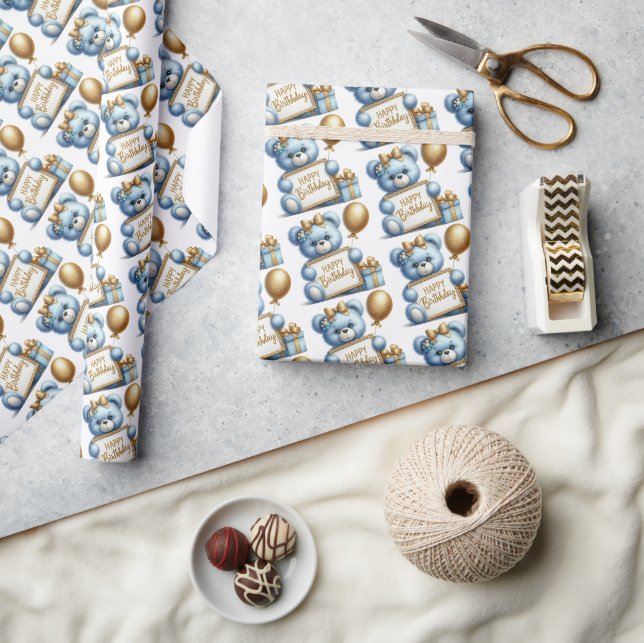 Cute blue baby bear with gold balloon happy b-day wrapping paper (Crafts)