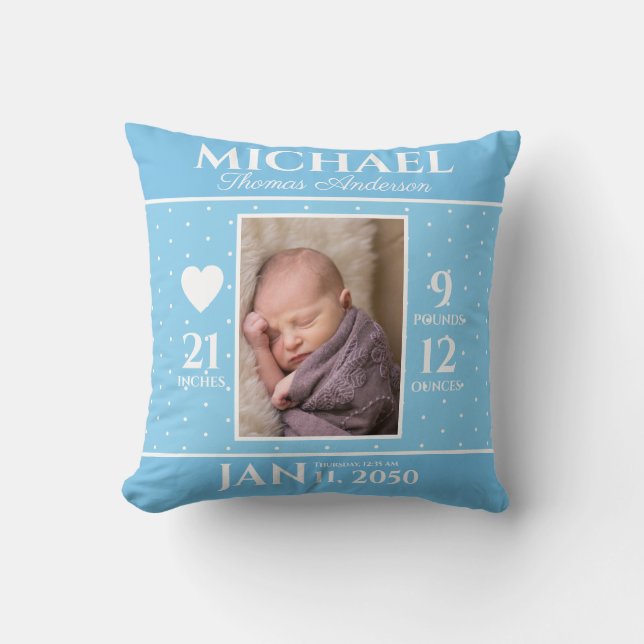 Cute Blue Baby Birth Stats Keepsake Nursery Throw Pillow (Front)