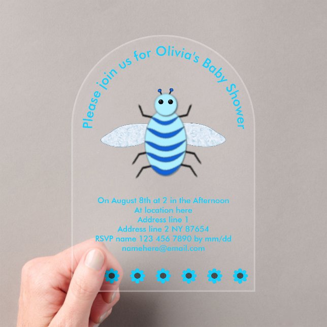 Cute Blue Baby Boy Bee Custom Baby Shower Acrylic Invitations (Insitu (Handheld))