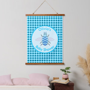 Cute Blue Baby Boy Bee Custom Baby Shower Hanging Tapestry