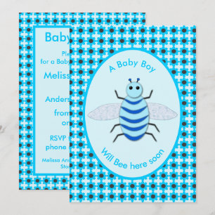 Cute Blue Baby Boy Bee Custom Baby Shower Invitation