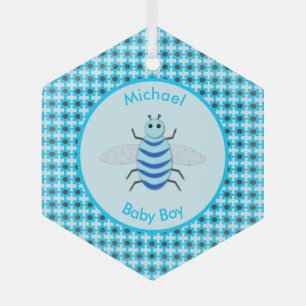 Cute Blue Baby Boy Bee Custom Glass Ornament