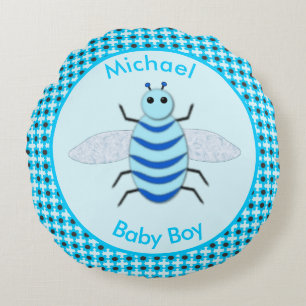 Cute Blue Baby Boy Bee Custom Round Pillow