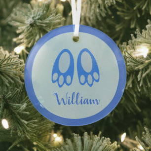 Cute Blue Baby Boy Bunny Feet First Xmas Glass Ornament