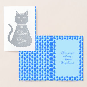 Cute Blue Baby Boy Cat Baby Shower Thank You Foil Card