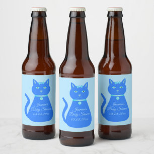 Cute Blue Baby Boy Cat Custom Baby Shower Beer Bottle Label