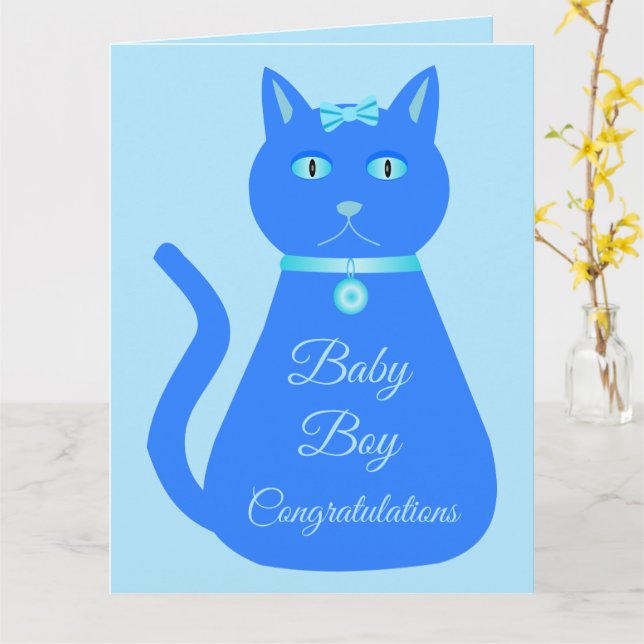 Cute Blue Baby Boy Cat Custom Congratulations Card (Yellow Flower)