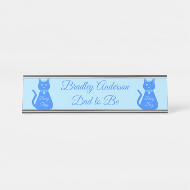 Cute Blue Baby Boy Cat Custom Dad to Be Desk Name Plate (Front)