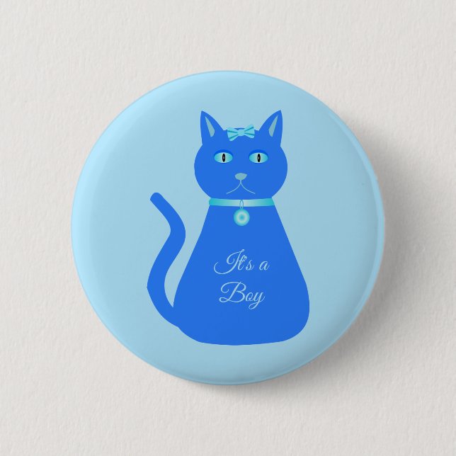 Cute Blue Baby Boy Cat Custom Gender Reveal 2 Inch Round Button (Front)