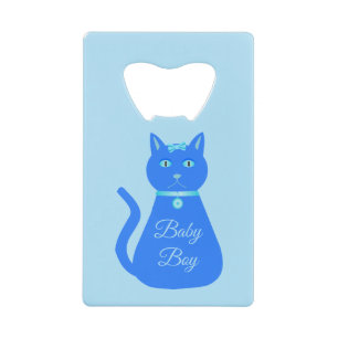 Cute Blue Baby Boy Cat Custom Gender Reveal Credit Card Bottle Opener