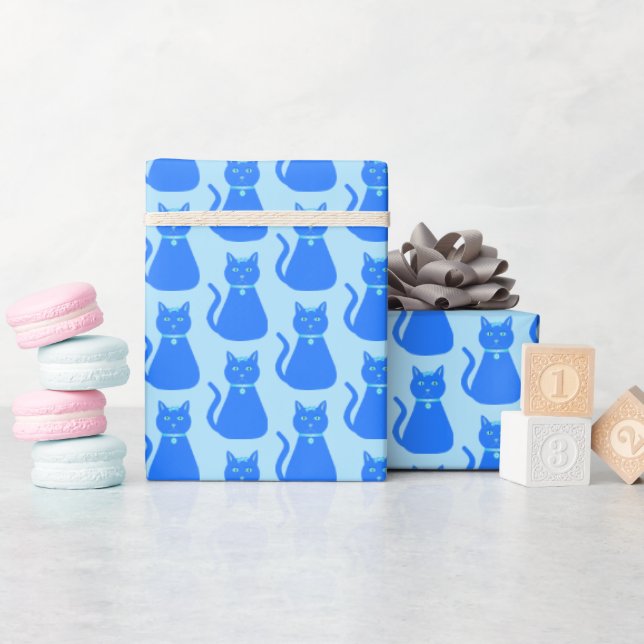 Cute Blue Baby Boy Cat Patterned Wrapping Paper (Baby Shower)