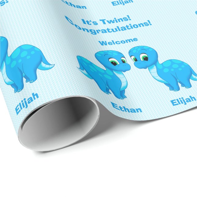 Cute Blue Baby Boy Dinosaur Twins Wrapping Paper (Roll Corner)