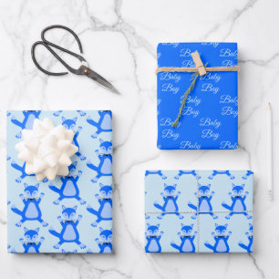 Cute Blue Baby Boy Fox Baby Shower Patterned Wrapping Paper Sheet