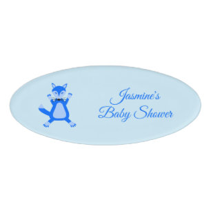 Cute Blue Baby Boy Fox Custom Baby Shower Name Tag