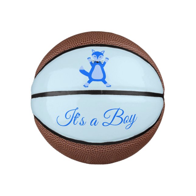 Cute Blue Baby Boy Fox Custom Gender Reveal Mini Basketball (Front)