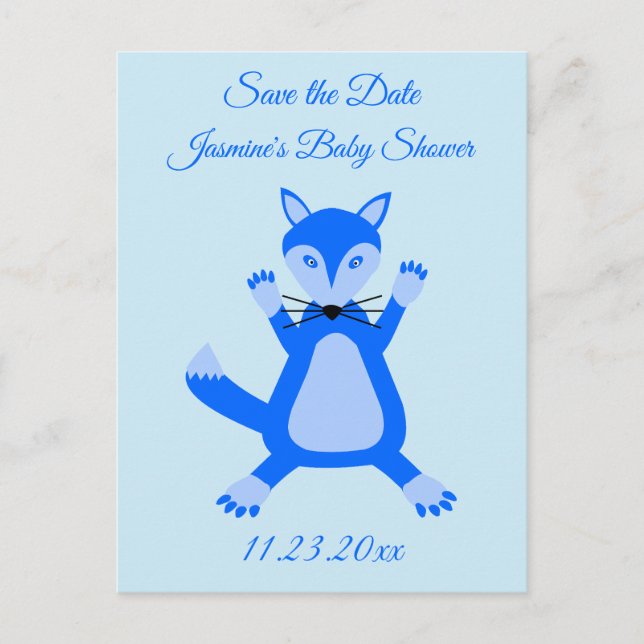 Cute Blue Baby Boy Fox Custom Save the Date Postcard (Front)