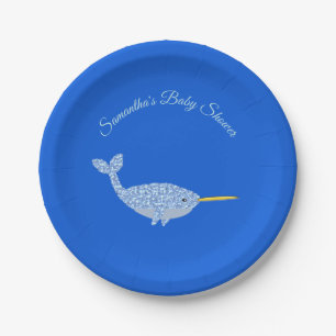 Cute Blue Baby Boy Narwhal Baby Shower Custom Paper Plate