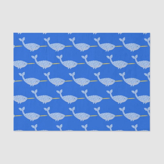 Cute Blue Baby Boy Narwhal Baby Shower Patterned Tissue Paper (Front)