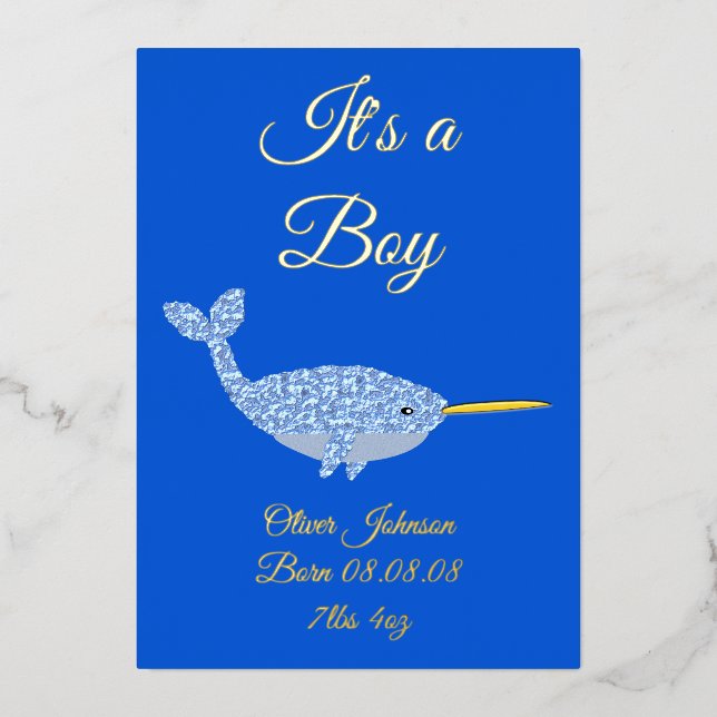 Cute Blue Baby Boy Narwhal Birth Announcement (Front)