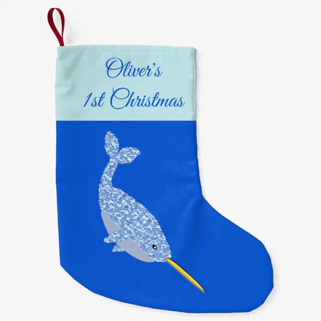 Cute Blue Baby Boy Narwhal Custom 1st Christmas Small Christmas Stocking (Front)