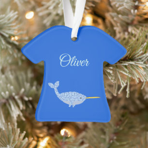 Cute Blue Baby Boy Narwhal Custom First Christmas Ornament