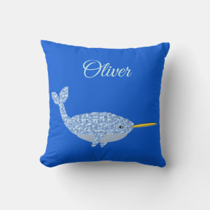 Cute Blue Baby Boy Narwhal Custom Name Throw Pillow