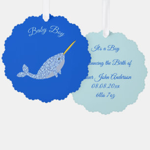 Cute Blue Baby Boy Narwhal Custom Ornament Card