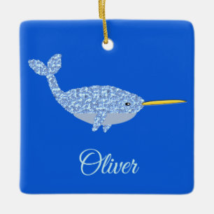 Cute Blue Baby Boy Narwhal First Christmas Custom Ceramic Ornament