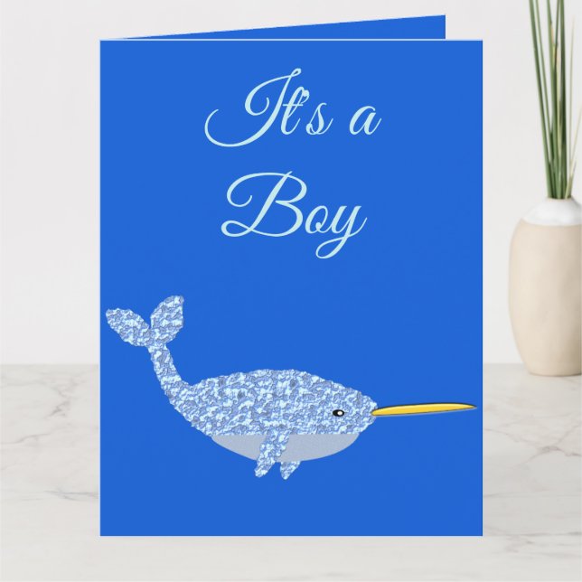 Cute Blue Baby Boy Narwhal Gender Reveal Card (Front)