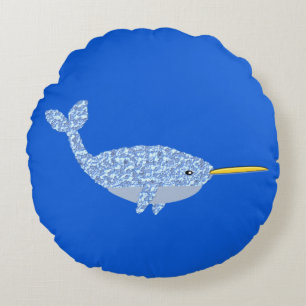 Cute Blue Baby Boy Narwhal Round Pillow